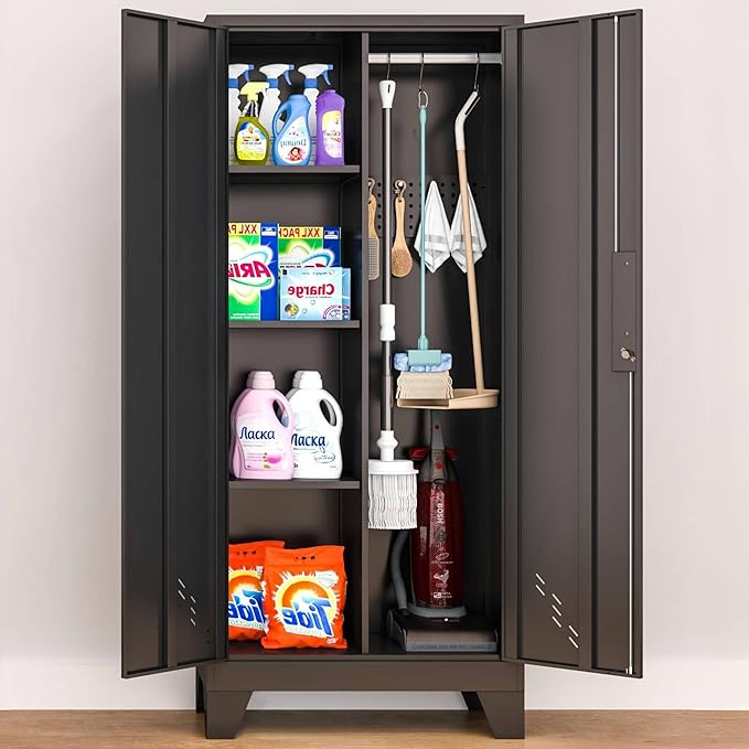 61" H Metal Storage Cabinet, Utility Cabinets with Locking Doors, Laundry Cabinet with Hanging Rod, Garage Tool Storage Cabinets for Home Office, Garage, Bathroom (Black)-CasaMuseHome