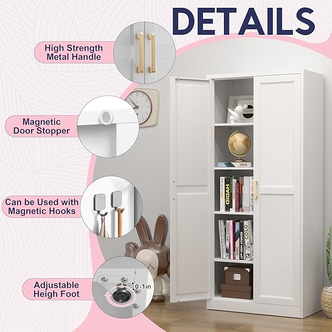 71" Storage Cabinet, Metal Pantry Cabinet, Kitchen Pantry Storage Cabinets with Doors and 4 Shelves, Cabinets for Laundry Room, Living Room, Dinning Room, Assembly Required, White-CasaMuseHome