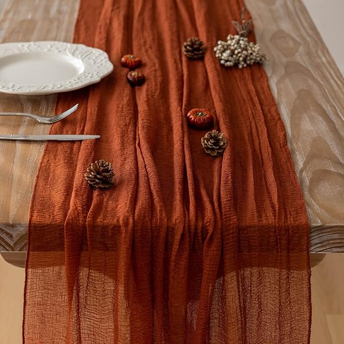 3pcs Fall Terracotta Table Runner Rust Gauze Rustic Cheesecloth 120 Inch 10 FT for Wedding Baby Shower Bridal Shower Birthday Engagement Garden Party Sheer Boho Thanksgiving Decorations-CasaMuseHome