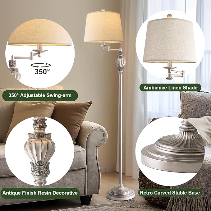 61" Vintage Floor Lamp with 350° Adjustable Swing Arm, Tall lamp Standing Lamp for Living Room Bedside Bedroom Nightstand Retro Farmhouse Mid Century Lamp Light Home Décor Office Gifts-CasaMuseHome