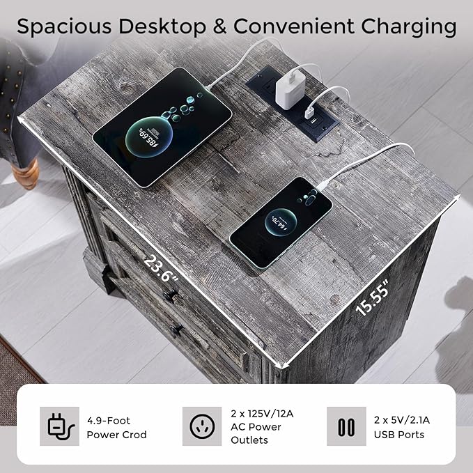 26" Tall Farmhouse Nightstand, 3 Drawers End Table w/Charging Station, 23.6" Wide Large Side Table w/Roman Column, Wood Rustic Sofa Table for Bedroom, Light Gray-CasaMuseHome