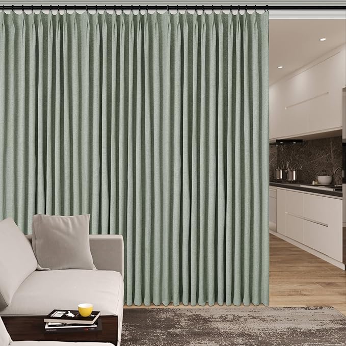 100" W x 96" L Faux Linen Room Divider Curtains, Full Blackout Pinch Pleated Drapes for Traverse Rod, Bedroom Divider Privacy Drapery with Hooks for Ceiling Track, 1 Panel, Fog Green-CasaMuseHome