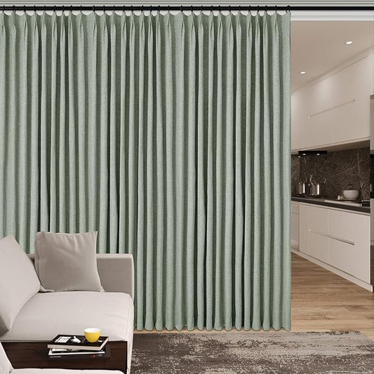 100" W x 84" L Faux Linen Room Divider Curtains, Full Blackout Pinch Pleated Drapes for Traverse Rod, Bedroom Divider Privacy Drapery with Hooks for Ceiling Track, 1 Panel, Fog Green-CasaMuseHome