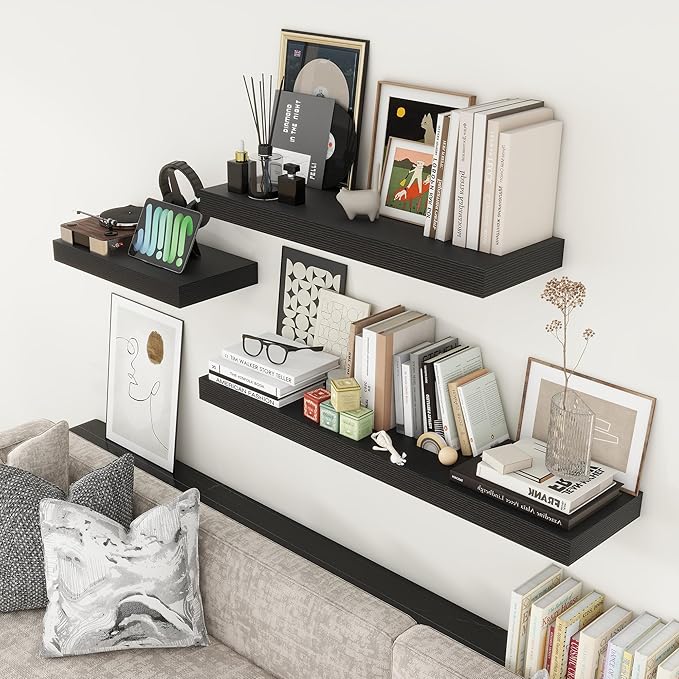 12'' Deep Floating Shelves, 48 Inch Large Floating Shelf Black, Deep Wall Shelves for Living Room Bathroom Laundry Room Bedroom Kitchen Home Office - Black-CasaMuseHome