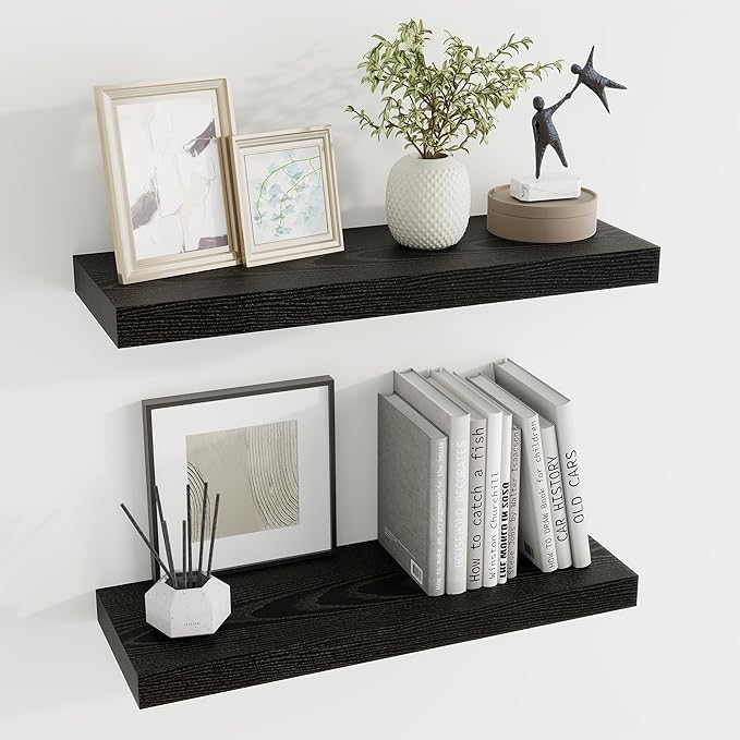24 inch Floating Shelves Long Floating Shelves for Wall Large Wall Mounted Shelves with Invisible Brackets, Black Shelves for Bathroom, Living Room, Kitchen, Office, 24x6.7 inch deep Set of 2-CasaMuseHome