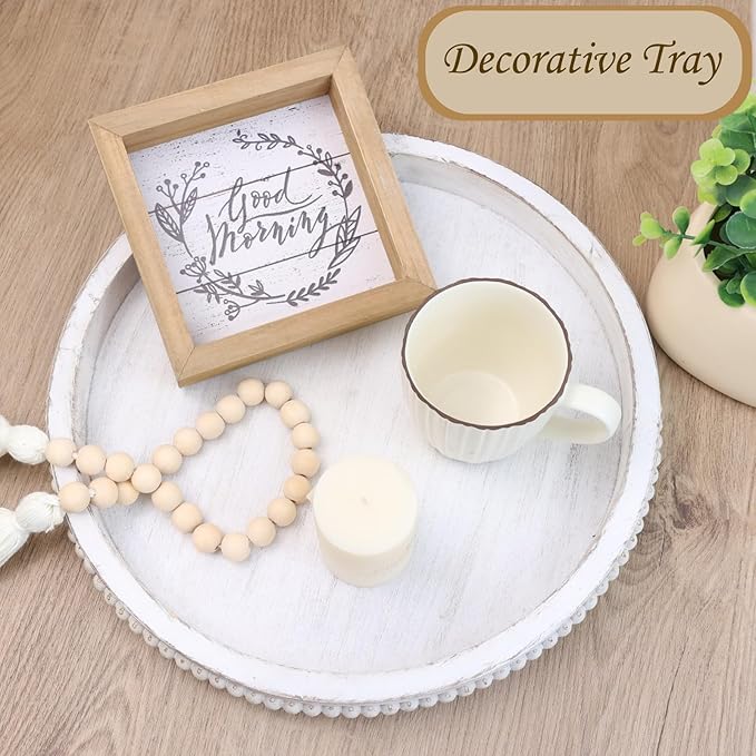 Round Wood Serving Tray with Beads, White Washed Wooden Decorative Tray for Entertaining, Decoration, and Gifting-CasaMuseHome