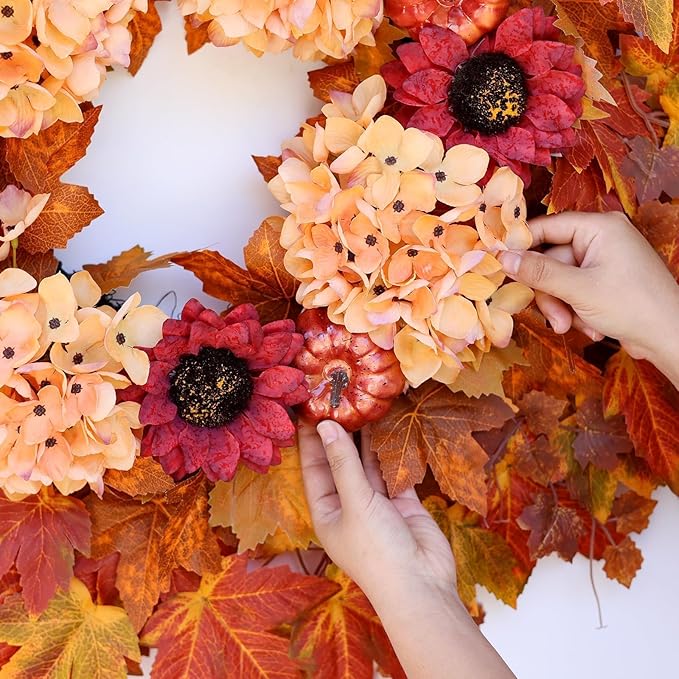 28'' Large Fall Wreath for Front Door, Porch, Window- Artificial Maple Leaves Faux Sunflower Hydrangea Pumpkins Outdoor Autumn Wreath for Home, Farmhouse Wall Thanksgiving Day Harvest Festival Decor-CasaMuseHome
