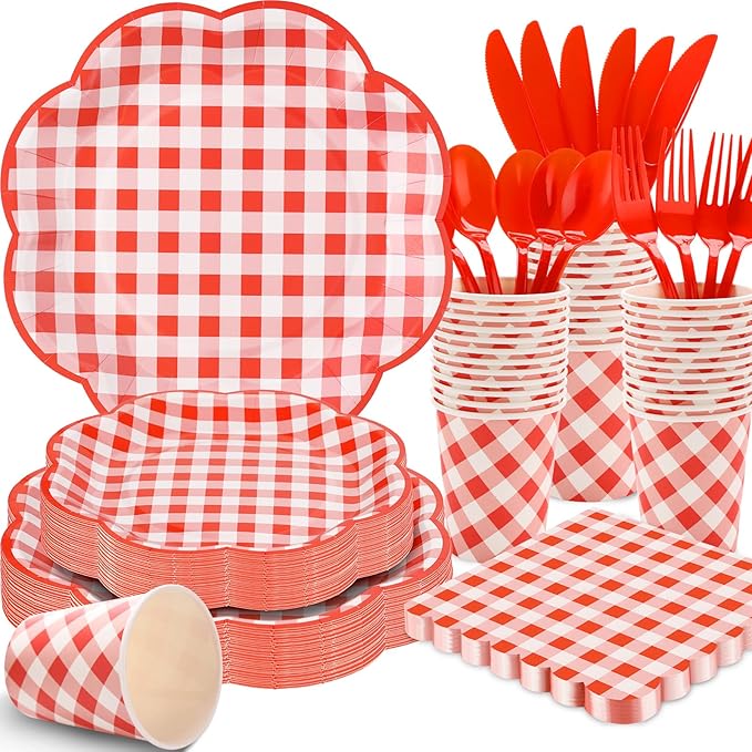 350 Pcs Red Gingham Plates and Napkins Party Supplies - Red and White Checkered Plates Sets Serve 50 Guests - Scalloped Gingham Paper Plate for Birthday Picnic Wedding Christmas Party Decorations-CasaMuseHome