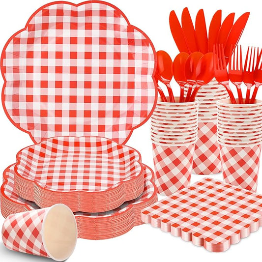 350 Pcs Red Gingham Plates and Napkins Party Supplies - Red and White Checkered Plates Sets Serve 50 Guests - Scalloped Gingham Paper Plate for Birthday Picnic Wedding Christmas Party Decorations-CasaMuseHome