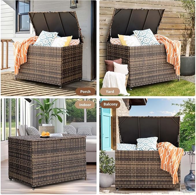 178 Gallon Outdoor Storage Box, Handle Large Portable Wicker Rattan Deck Box for Patio Furniture Cushions, Patio Deck Box with 2 WheelsThrow Pillows, Garden Tools and Pool Floats (Brown)-CasaMuseHome