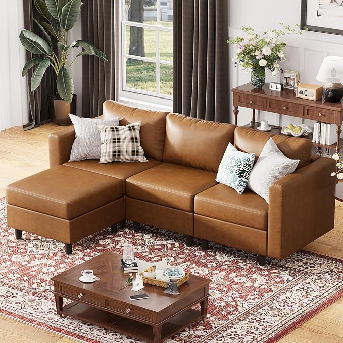 91.5" Faux Leather Modular Sectional Sofa, L Shaped Couch Set for Living Room, 3-Seater Comfy Cloud Couches with Movable Storage Ottoman,DIY Combination - Brown-CasaMuseHome