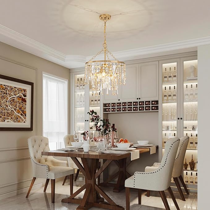 3-Lights K9 Crystal Chandeliers, Luxury Vintage Pendant Light Fixture for Dining Room, Living Room, D15*H20.4~66.8 inch (Adjustable), Clear Crystal & Gold Finish-CasaMuseHome