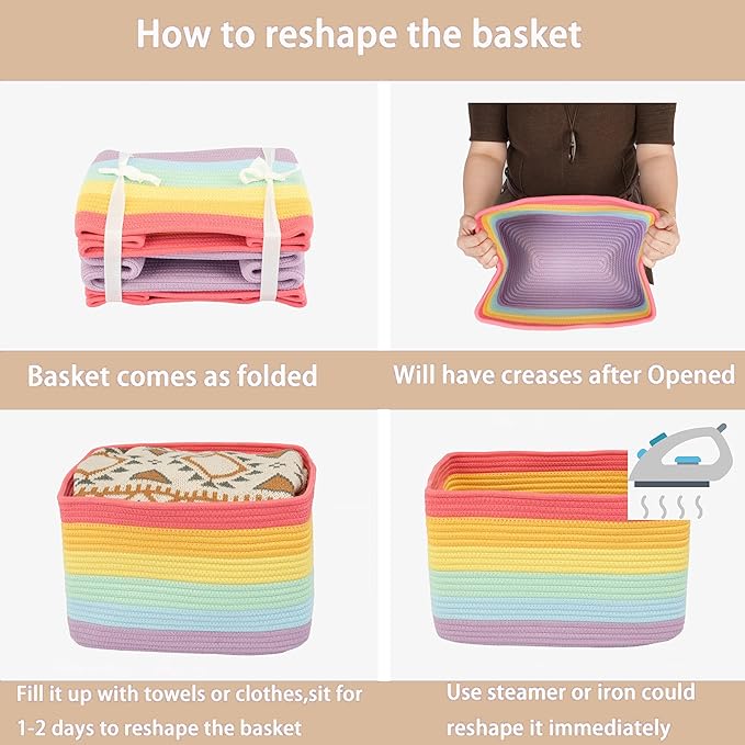 3-Pack Rainbow Storage Baskets 14.5X9.5X9.3“ – Woven Toy Organizer Bins for Kids, Baby Room, Nursery, and Classroom – Cute Square Rope Baskets for Shelves and Organization Rainbow-CasaMuseHome