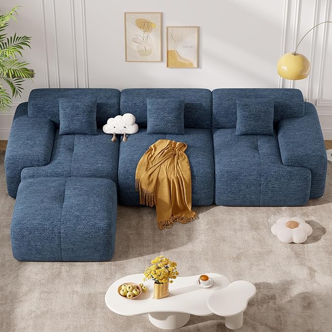 122" Modern L Shaped Modular Sectional Sofa, Boneless Couches for Living Room with Ottoman,4 Seater Convertible Chenille Cloud Couch Sofa Set, No Assembly Required, Blue 1 PCS-CasaMuseHome