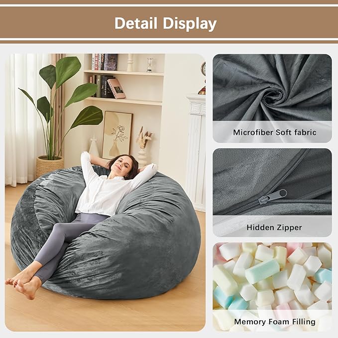 3 Feet Bean Bag Chair - BeanBag Chairs for Adults, Living Room Furniture Sofa with Soft Micro Fiber Cover, Round Fluffy Couch for Bedroom College Dorm - Grey-CasaMuseHome