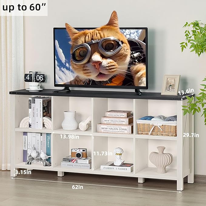 8 Cube Book Shelf, Farmhouse Wood Long Storage Organizer Bookcase, 62" Horizontal Antique White & Black Console Bookshelf, Kids Toy Storage Cabinet, Modern Open Book Case for Playroom, Office-CasaMuseHome