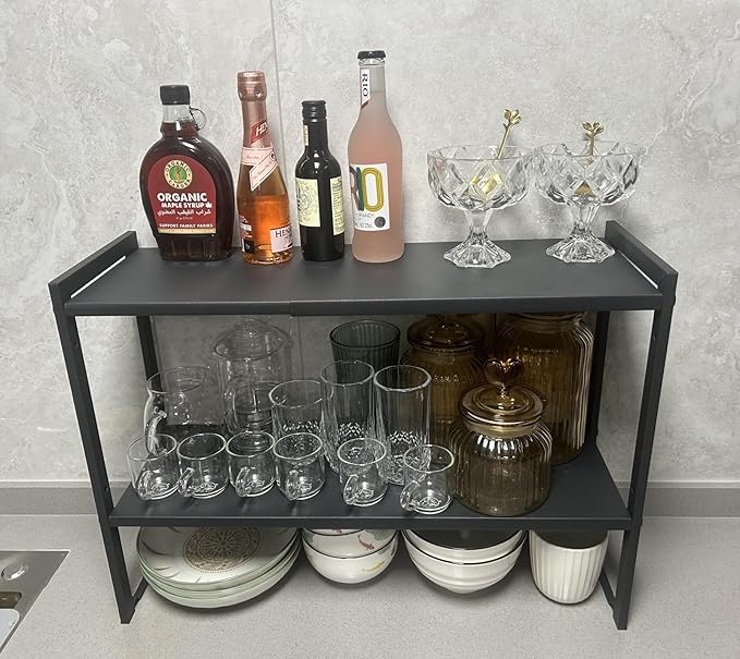 2 Tier Expandable Cabinet Shelf Organizer 14.5-25" L Kitchen Counter Shelf Rack Stand Sink Riser Countertop Storage Black (Normal 7.9”D)-CasaMuseHome