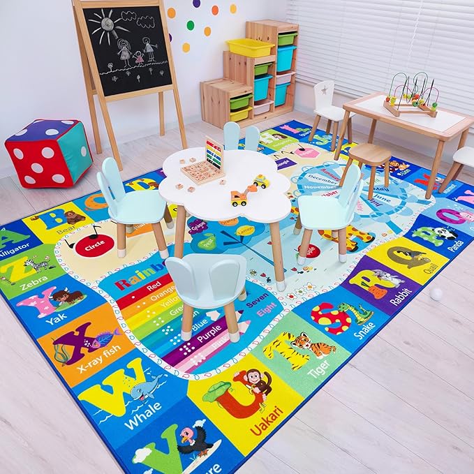 4x6 Playroom Rugs for Kids Washable, Educational and Fun Playmat with ABC Alphabet Animals Shapes Colors, Non-Slip Play Mat Learning Rugs for Baby Toddler Children Game Activity, Blue-CasaMuseHome