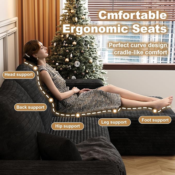 108" Sectional Couches for Living Room Modern Modular Sofa with L-Shape Couchs Upholstered Boneless Couch Deep Seat Sectional Couch with Chaise (Black, Right Facing Chaise+2Seaters)-CasaMuseHome
