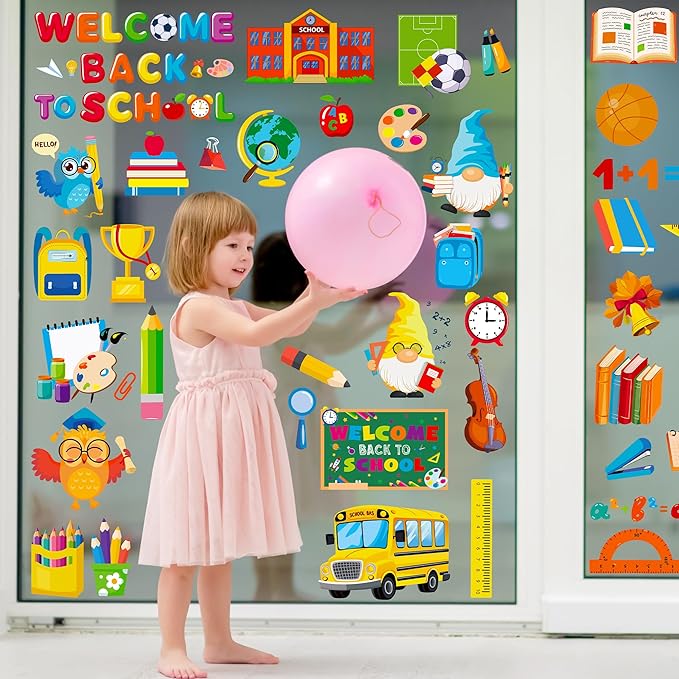 9 Sheets Back to School Window Clings, Double-Sided Window Clings for Classroom, Bus Apple Pencil First Day of School Book Window Stickers for First Day of School Decorations Supplies Decor-CasaMuseHome