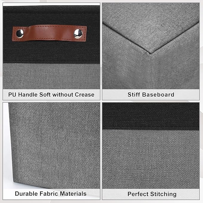 13x13 Cube Storage Bins, Collapsible Fabric Storage Box, 4 Pack Closet Baskets with Handles for Organizing, Shelf, Toys, Clothes, Home, Office, Nursery (Grey&Black)-CasaMuseHome