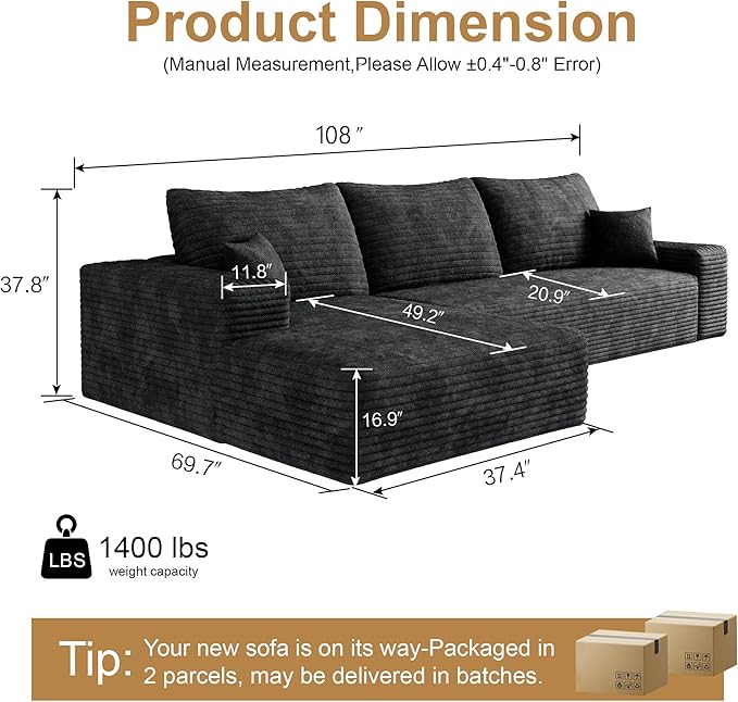 108" Sectional Couches for Living Room Modern Modular Sofa with L-Shape Couchs Upholstered Boneless Couch Deep Seat Sectional Couch with Chaise (Black, Left Facing Chaise+2Seaters)-CasaMuseHome