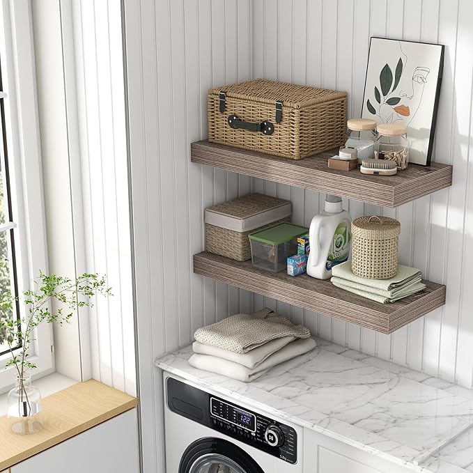 12 Inch Deep Floating Shelves for Wall | 30 Inch Floating Shelves Set of 2 | Rustic Grey Wood Shelves for Living Room Bathroom Laundry Room Bedroom Kitchen Home Office - Rustic Grey-CasaMuseHome