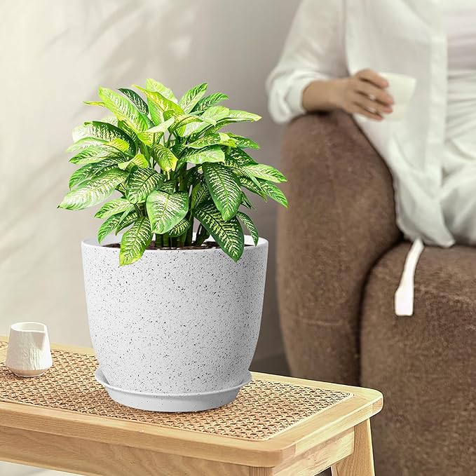 9/8/7.5 inch Flower Pots, Set of 3 Modern Decorative Plastic Planters with Drainage Holes and Saucers for Garden House Plants, Plant Pots for Indoor Outdoor Plants, Speckled White-CasaMuseHome