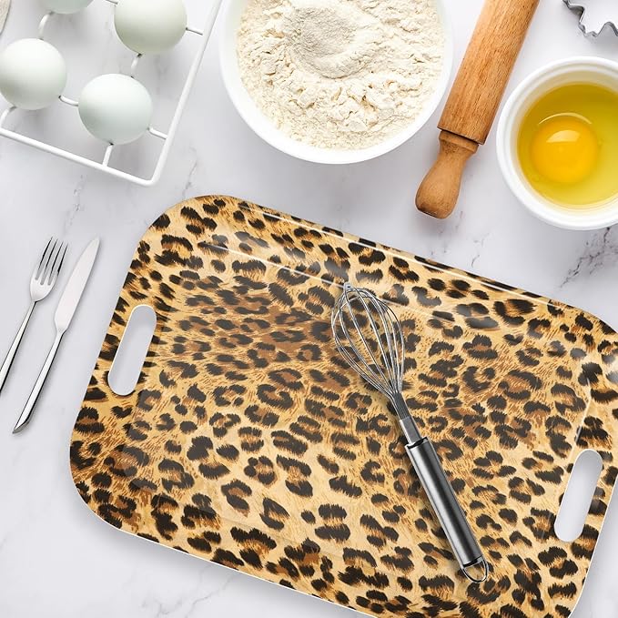 Serving Trays with Handles, 14.5 x 9.8 inch Rectangular Plastic Tray for Restaurant, Kitchen, Brown Leopard-CasaMuseHome