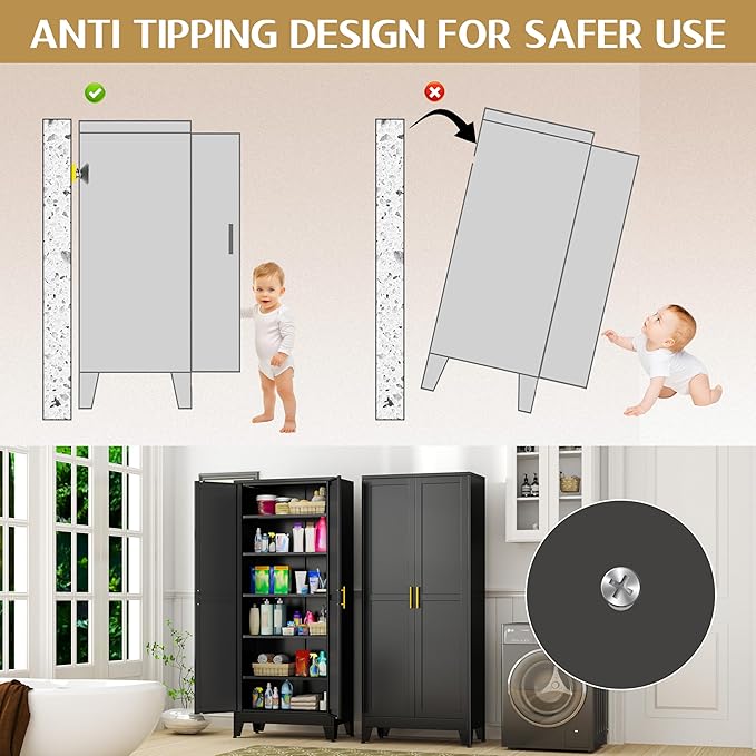 75.2" Tall Storage Cabinet, Pantry Storage Cabinets with 2 Door and 5 Adjustable Shelves, Black Kitchen Food Cabinet, Metal Utility Cabinets for Kitchen, Dinning Room, Laundry Room-CasaMuseHome