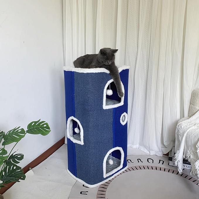 4-Level Cat House for Indoor Cats,Covered Cat Beds and Furniture with Scratch Pad,Hideaway Cave &Cushions,Modern Cat Tower Condo for Multi Small Pet and Large Cats Navy Blue-CasaMuseHome