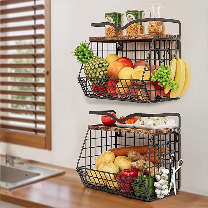2 Pack Fruit Bowl Hanging Fruit Basket for Kitchen Counter ,Stackable Wire Baskets for Onion Storage and Potato Storage with Wood Lid,Vegetable Fruit Basket with Banana Hooks-CasaMuseHome
