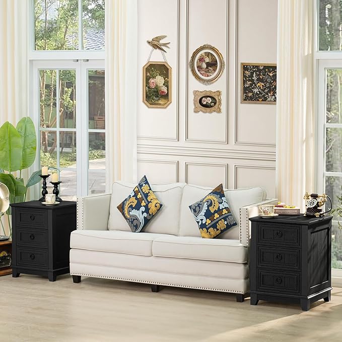 18" Farmhouse Night Stand with 3 Drawers, Wood End Table Dresser for Bedroom, Black Nightstand, Bed Side Table with Metal Handle, Bedside Cabinet for Bedroom Living Room, Closet-CasaMuseHome