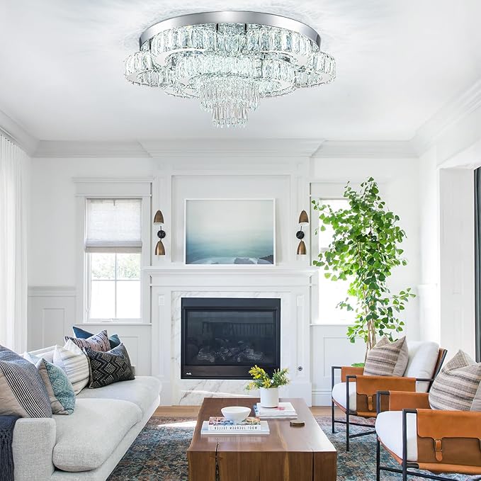 21 Inch Crystal Chandeliers with Remote Control LED Chandelier Modern Mount Flush Mount Chandelier Ceiling Light Fixtures for Bedroom Living Room Dining Room(Dimmable)-CasaMuseHome