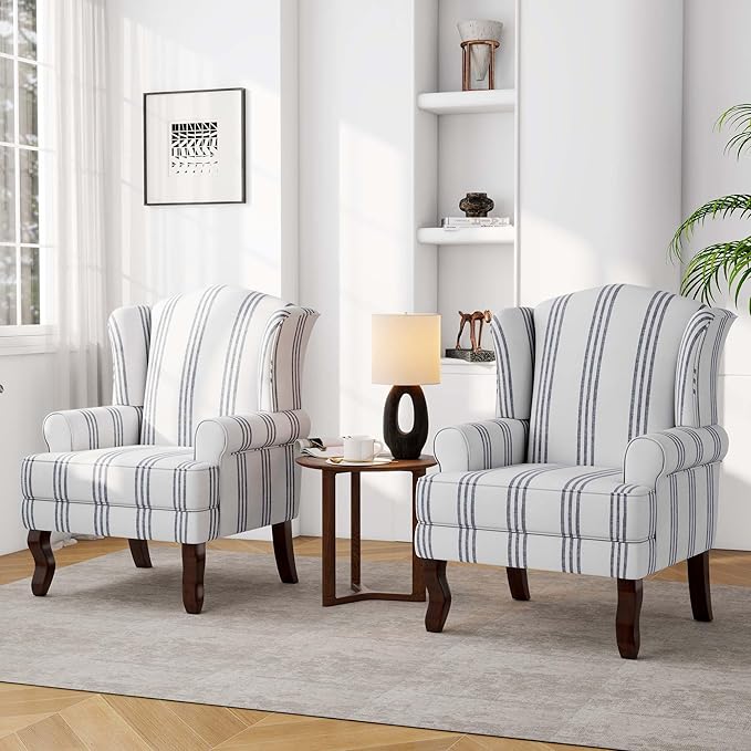 Accent Chair, High Back Upholstered Armchair with High Resilience Sponge & Wood Legs, Mid-Century Modern Comfy Single Sofa Reading Chairs for Living Room, Bedroom (Stripe Navy, Set of 1)-CasaMuseHome