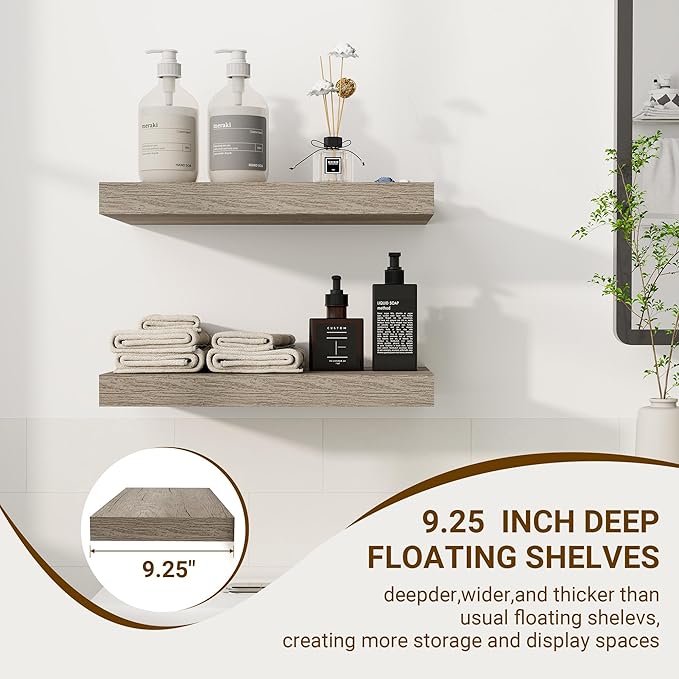 16 Inch Floating Shelves, 3D Textured Wood Grain, 16"x9.25"x1.5" Inch Deep Floating Shelves for Wall, Wooden Shelves for Bathroom, Bedroom, Living Room, Vintage Gray Oak-CasaMuseHome