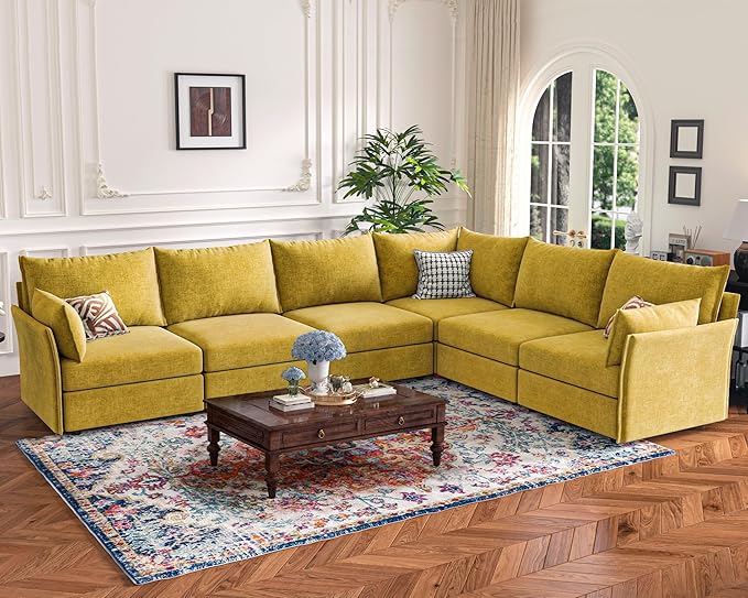 135.5" Oversized Modular Sectional Sofa, L Shaped Convertible Couch with Movable Ottoman, Large 6 Seat Corner Couches for Living Room Deep Seat Yellow Chenille-CasaMuseHome