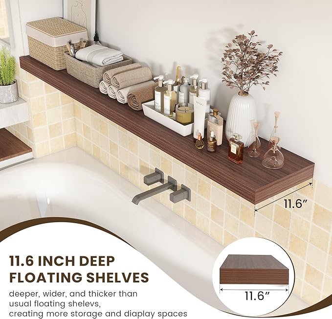 12 Inch Deep Floating Shelves for Wall | 72W x 12D Floating Shelves Set of 1 | Rustic Walnut Long Floating Shelves for Living Room Bathroom Laundry Room Bedroom Kitchen Home Office-CasaMuseHome