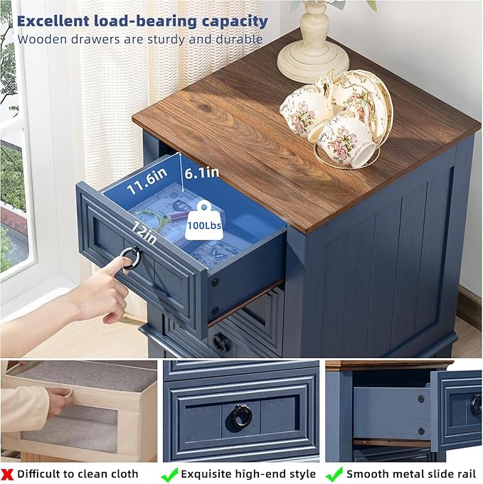 18" Farmhouse Night Stands Set of 2 with Charging Station, 2 & 3 Drawers End Table Dresser for Bedroom, Blue Wooden Nightstand, Bed Side Table with Open Shelf, Bedside Cabinet for Living Room-CasaMuseHome