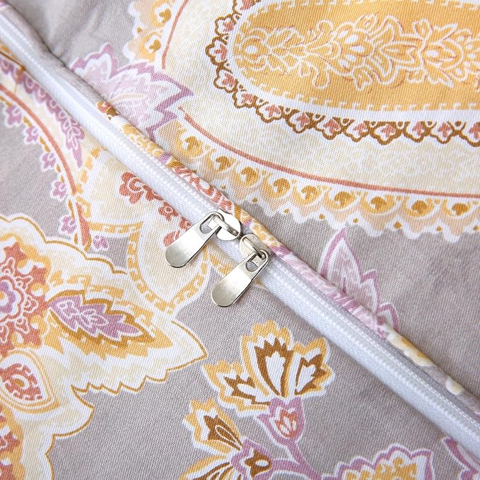 ABREEZE Paisley Bedding Sets 3Pcs Brushed Cotton Duvet Cover Set King Size Rustic Damask Gold Floral Comforter Cover with Zipper Closure Boho Bedding Collections-CasaMuseHome