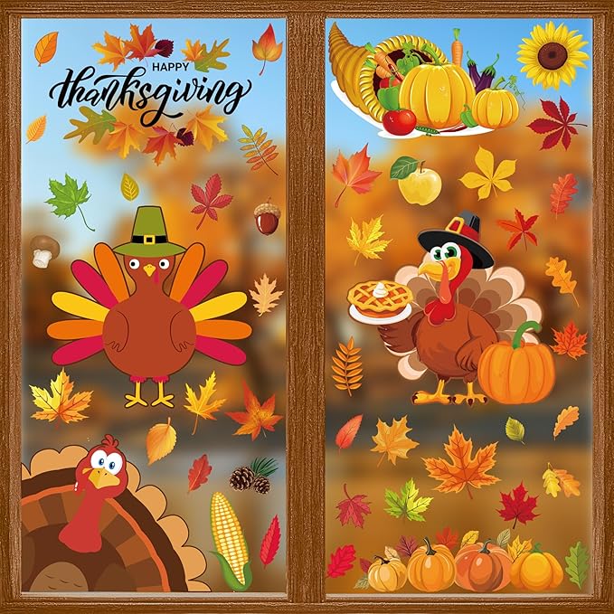 9 Sheets Thanksgiving Window Clings, 115PCS Thanksgiving Decorations Window Stickers, Turkey Decal Stickers with Cute Cones Nuts Maple Leaves Patterns for Fall Harvest Decorations Decor Accessories-CasaMuseHome