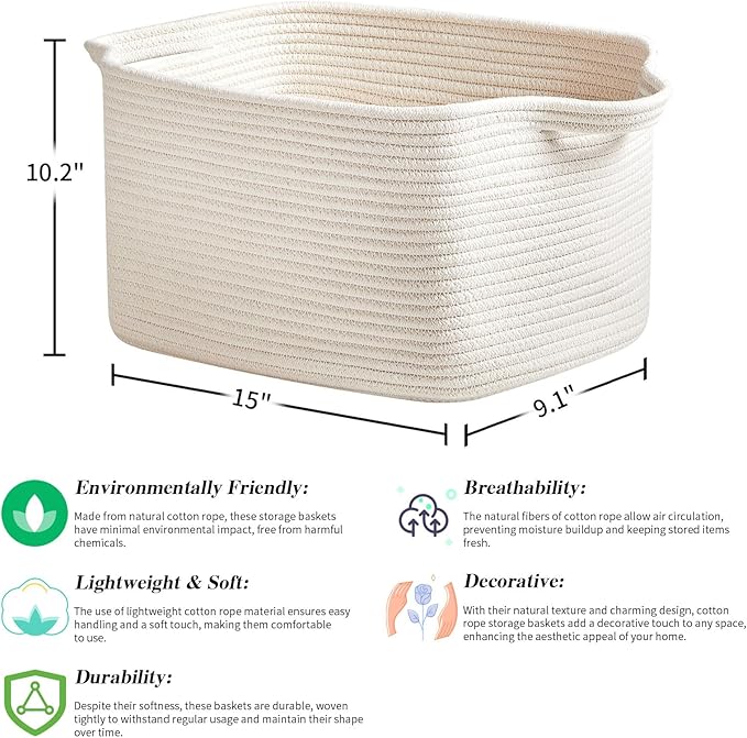 3 Packs Cotton Rope Woven Basket With Handles for Shelves -15"*10.2"*9.1"(White)-CasaMuseHome