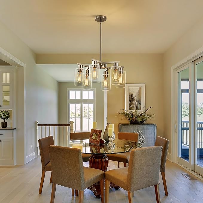6-Light Modern Farmhouse Brushed Nickel Chandelier, Dining Room Light Fixture Over Table Adjustable Height Hanging Industrial Pendant Lights Kitchen Island, Clear Glass Shade-CasaMuseHome