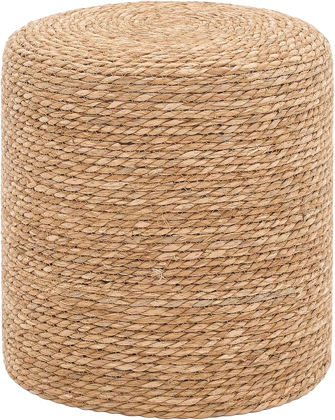 16'' Round Ottoman Natural Seagrass Braided Poof Hand Weaving Round Ottomans Boho Footrest Stool for Home Living Room Bedroom Patio(Natural)-CasaMuseHome