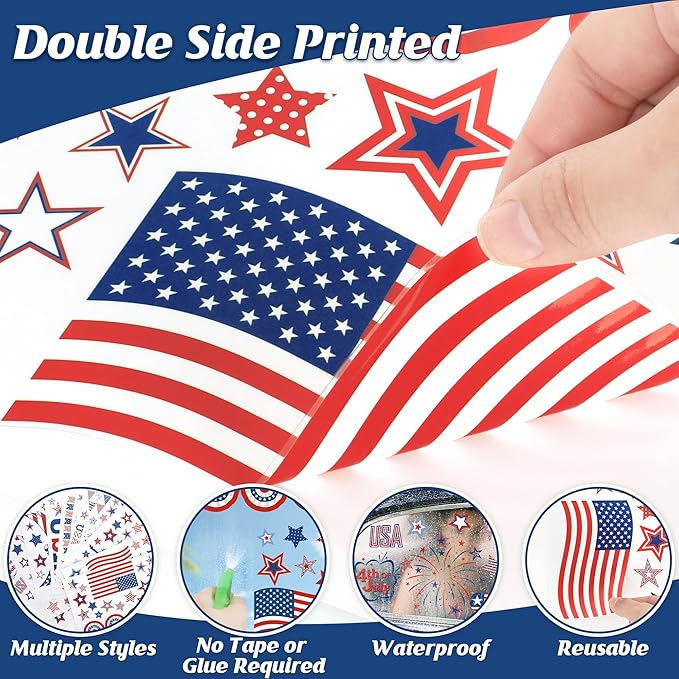 158 Pcs 4th of July Window Clings, 9 Sheets Patriotic Window Clings Decals, Watercolor Double-Sided American Flag Stars Firework Window Stickers for Independence Day Parade Veterans Memorial Day Decor-CasaMuseHome