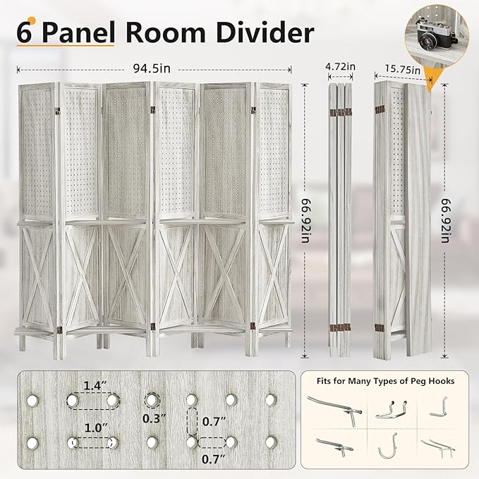 6 Panel Pegboard Display with 24 Hooks, Wooden Pegboard Room Divider Wall with Shelf, Rustic Room Dividers and Folding Privacy Screens, Bedroom, Jewelry Store, White-CasaMuseHome