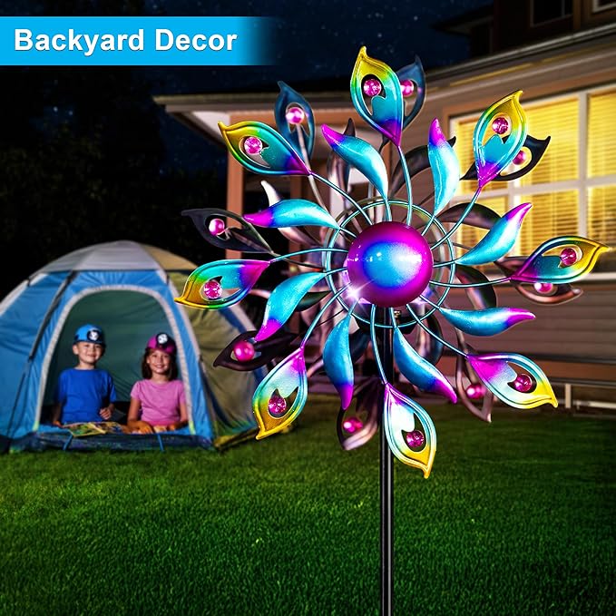 51.9" Peacock Solar Wind Spinner Outdoor Decor – Waterproof LED Lighted Garden Art with Adjustable Metal Pole, IP65 Weather Resistant for Yard, Patio-CasaMuseHome