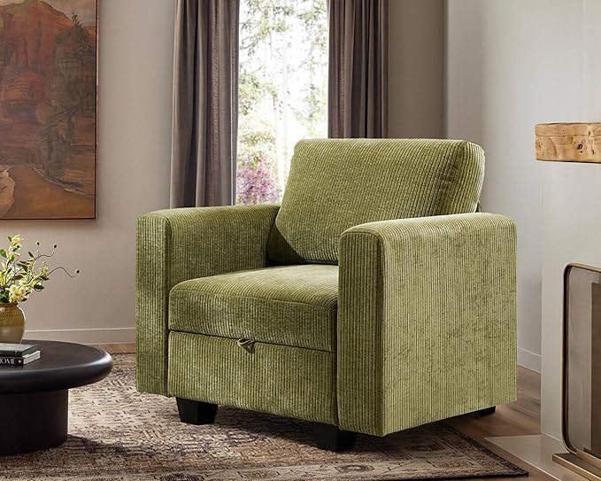 38.5 Oversized Accent Chair with Storage Green Corduroy, Single Modern Accent Sofa Chair with Arms for Apartment Living Room (21" Deep Seat)-CasaMuseHome