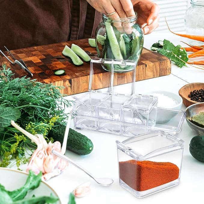 4-Cell Clear Seasoning Rack Spice Box, Storage Container Condiment Jars Acrylic Seasoning Box with Cover and Spoon (Enhanced Version Clear)-CasaMuseHome