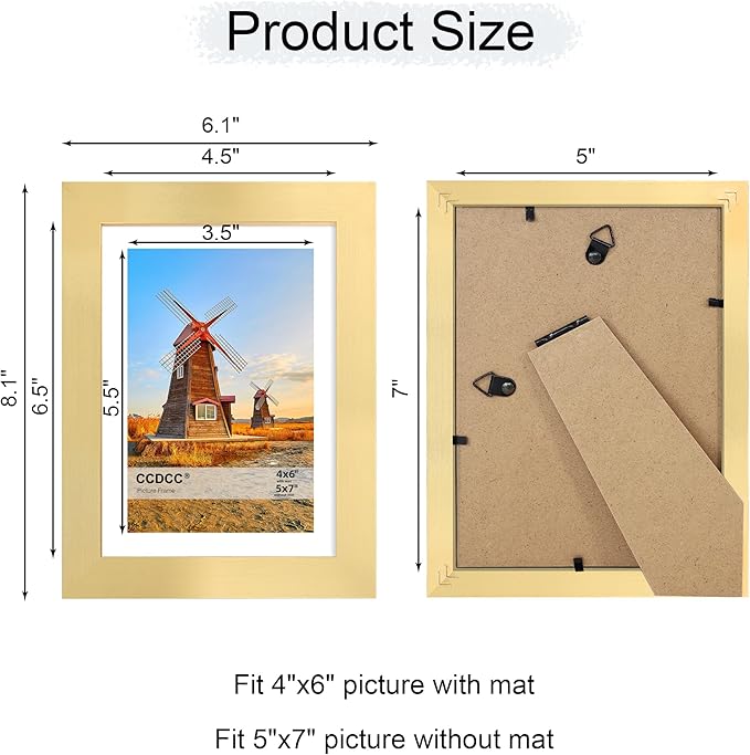5x7 Picture Frame Set of 4, 5 x 7 Wood Photo Frames with Mat for 4x6, Wooden Frame with Real Glass Cover for Wall and Tabletop Display,Gold-CasaMuseHome